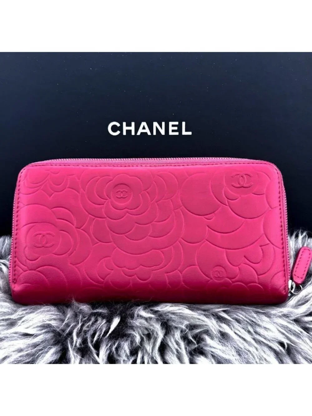 Chanel Wallet Camellia Embossed Zip Around